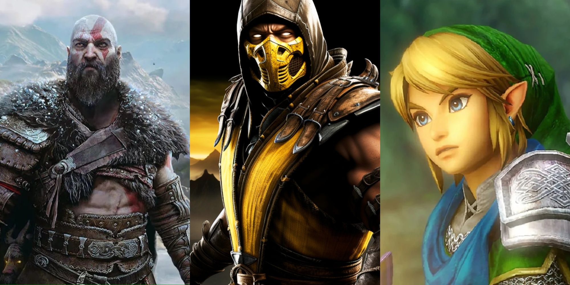 Kratos in front of mountains, Scorpion shrouded in darkness, and Link