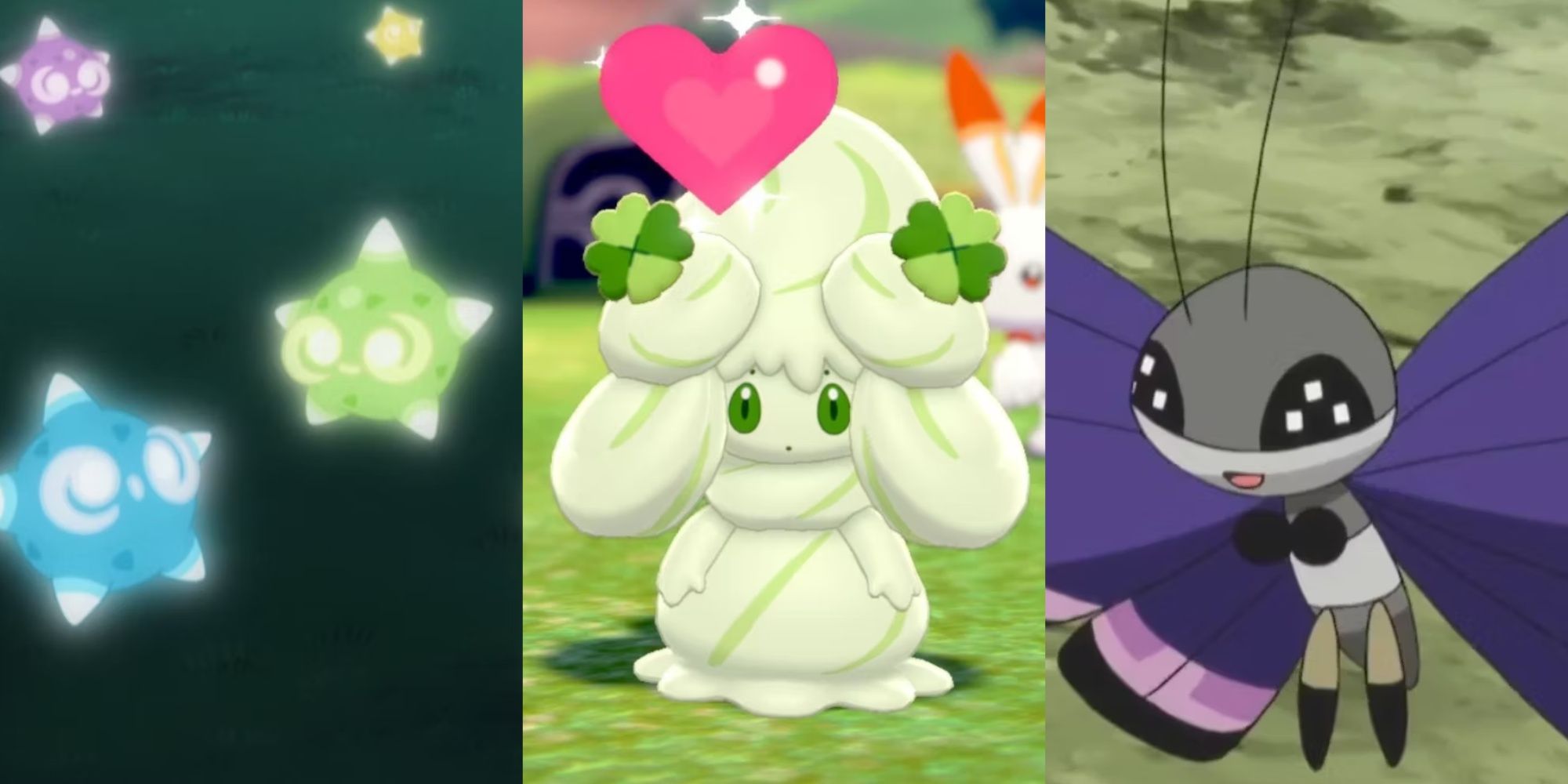 Collage image of several Minior, Alcremie, and Vivillon in Pokemon.