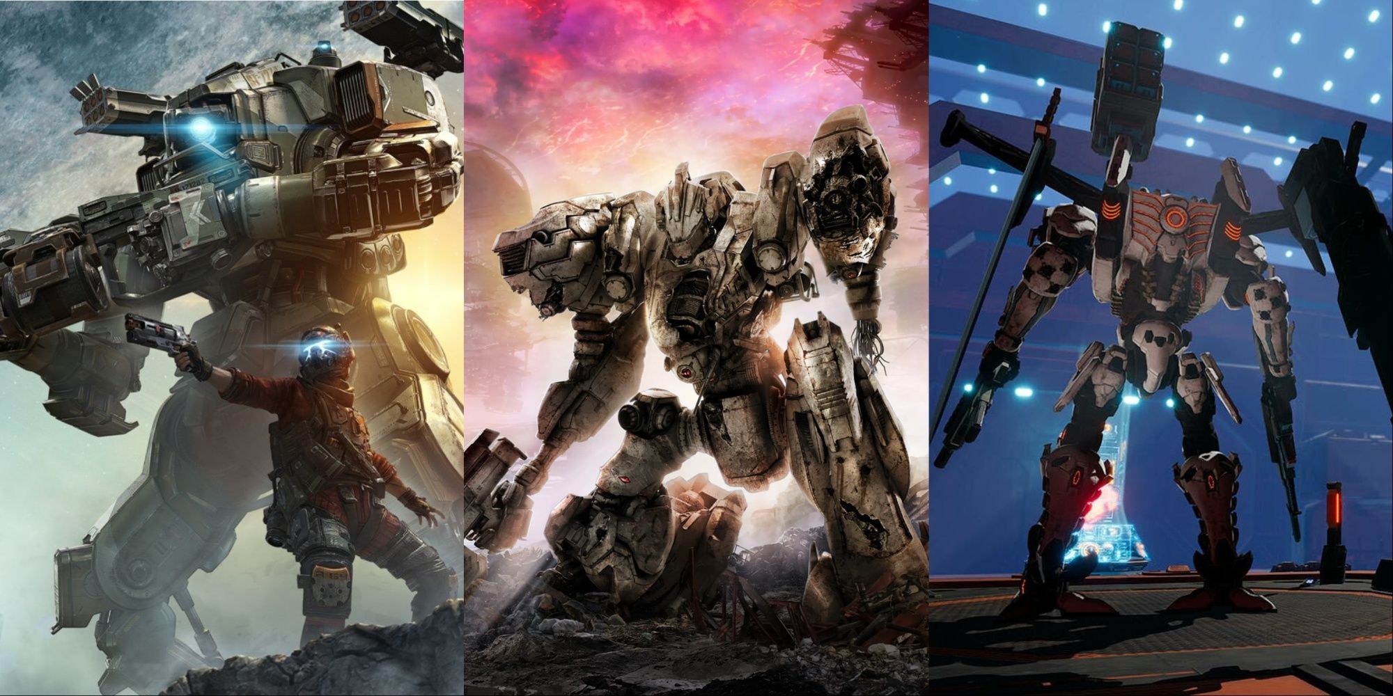 Compilation Games To Play If You Like Armored Core 6 (center) Including Titanfall 2 (left) and Daemon X Machina (right)