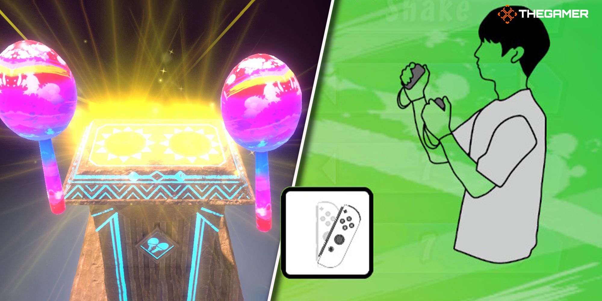 [Left Panel] A magical pair of maracas get sheathed from a mythical podium. [Right Panel] A young player shakes their Joy-Con in a tutorial. Images from Samba de Amigo: Party Central.