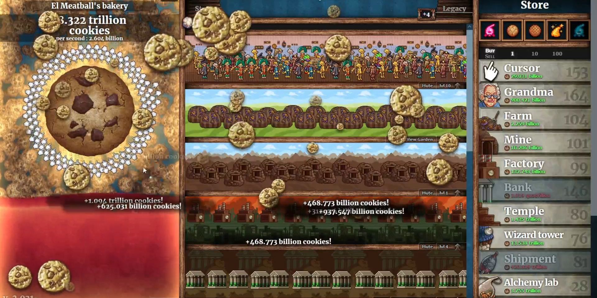 Many farms, mines, factories, and other layers set up for Cookie Clicker, with this game sitting at over a trillion cookies