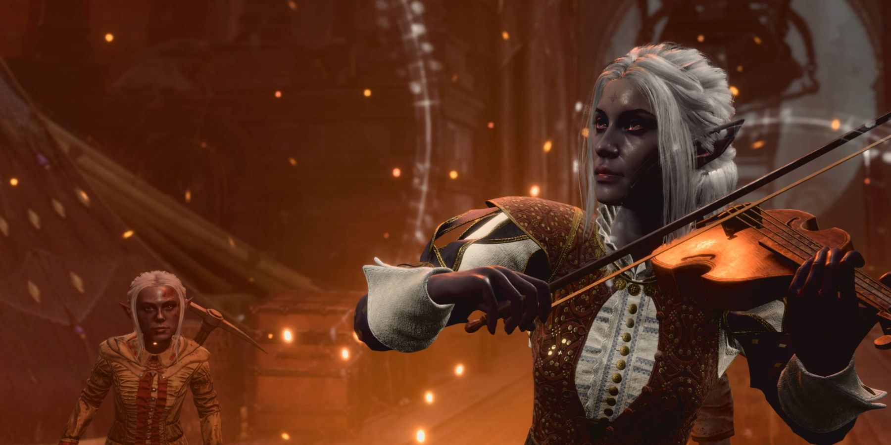 Still of a Drow playing the Violin in Baldur's Gate 3 Promo