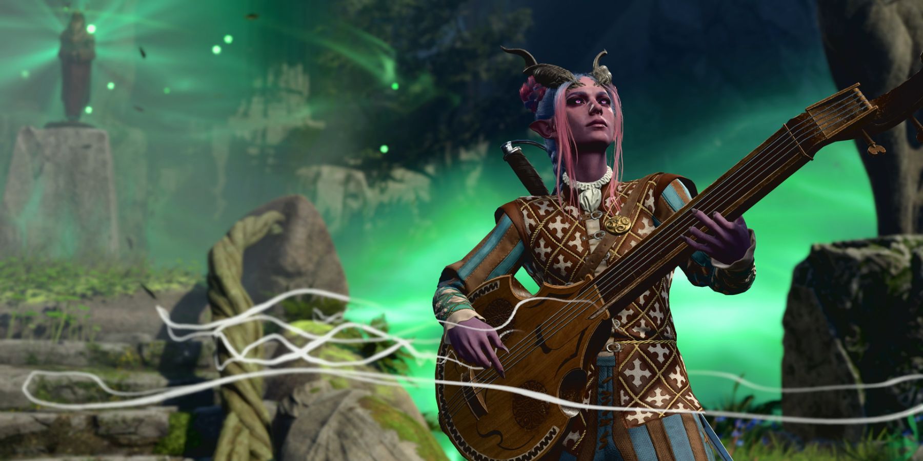 Still from Baldur's Gate 3 of a Tiefling playing the Lute