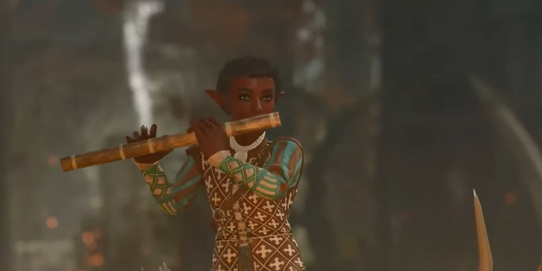 Still from Baldur's Gate 3 of a bard playing the flute