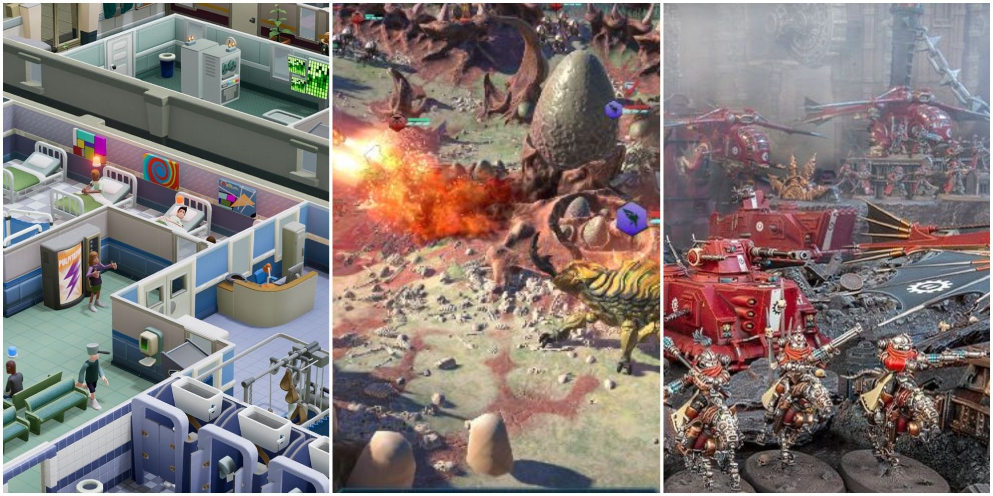 Cover Image For Best Xbox One Strategy Games With Gameplay Images From Two Point Hospital, Warhammer 40K Mechanicus, And AOW Planetfall