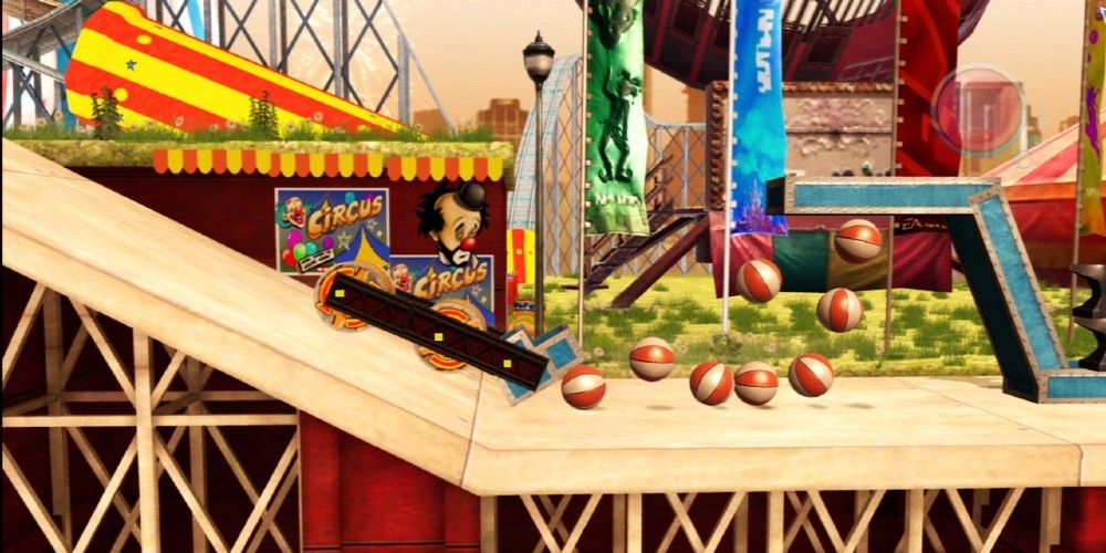 Various objects moving around on a carnival-themed stage