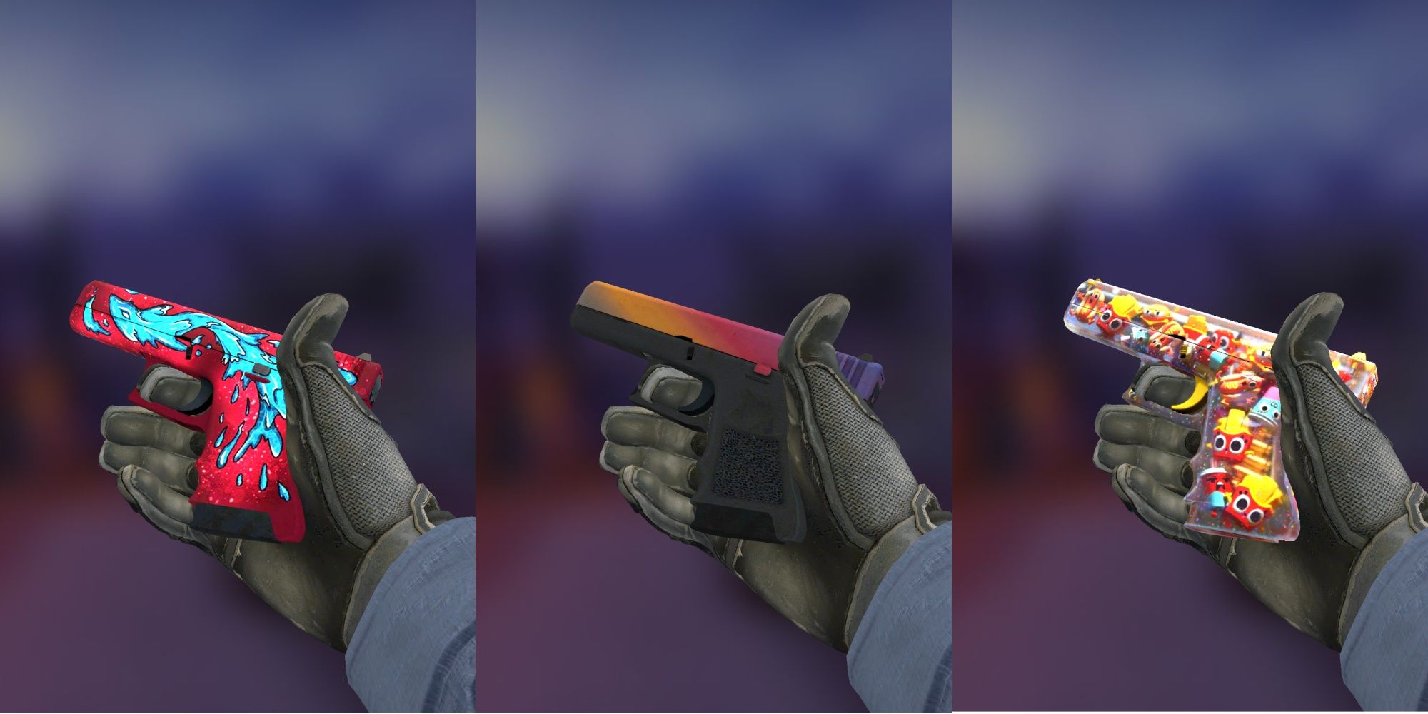 Collage Image of the Glock-18 Water Elemental, Fade, and Snack Attack skins in CS:GO.