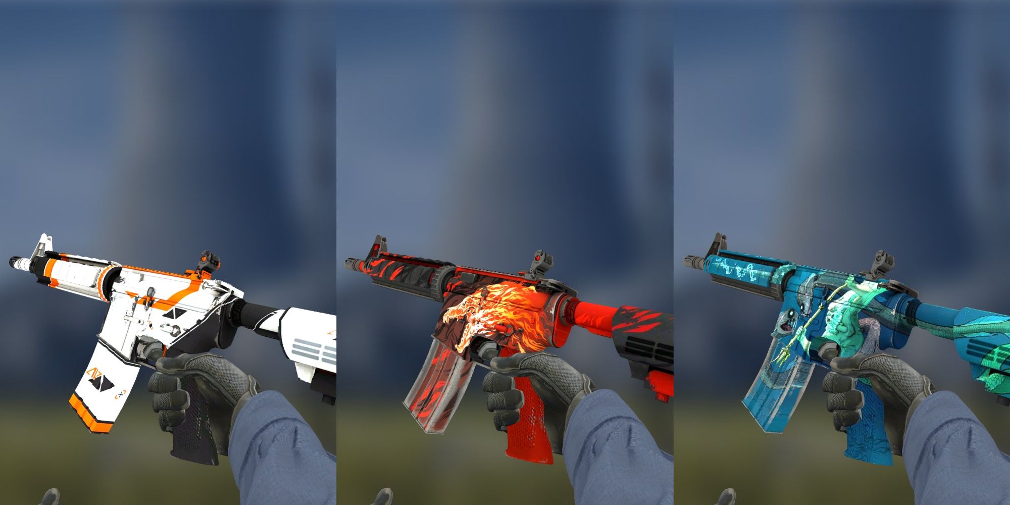 Collage image of M4A1 Skins featuring the M4A1 Asiimov, Howl, and Poseidon in CS:GO.