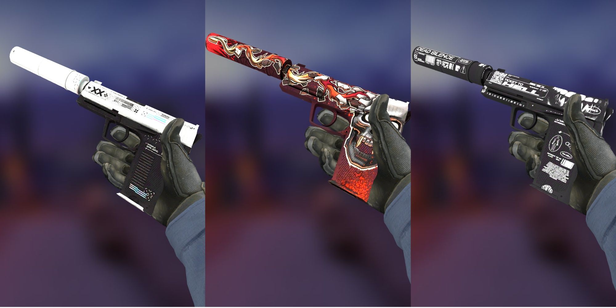 Collage Image showing The Printstream, Kill Confirmed, and Ticket to Hell skins in Counter Strike: Global Offensive.