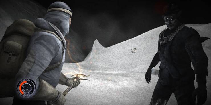 Cursed Mountain Eric fighting an evil spirit on a snowy mountain