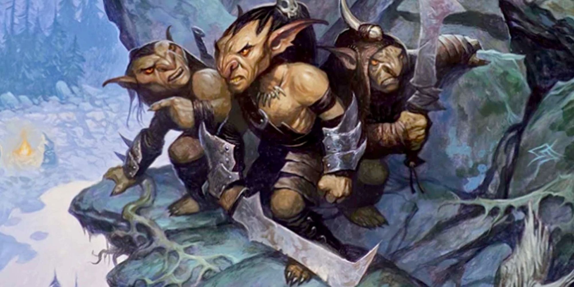 d&d goblins standing on a rocky cliff with weapons