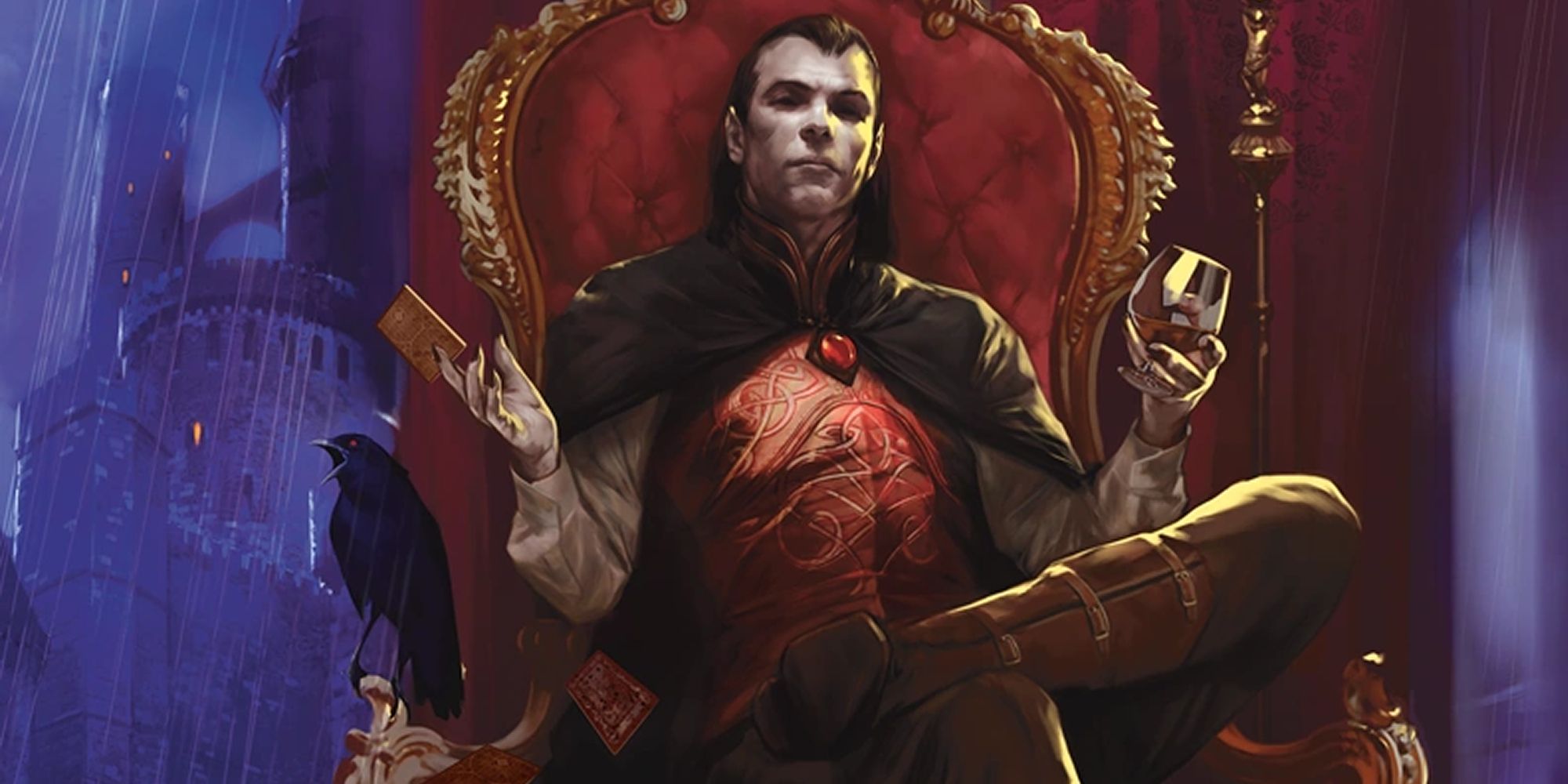 D&D Strahd Sitting On His Throne while holding a glass and a card in his hand while a crow caws off to his left side
