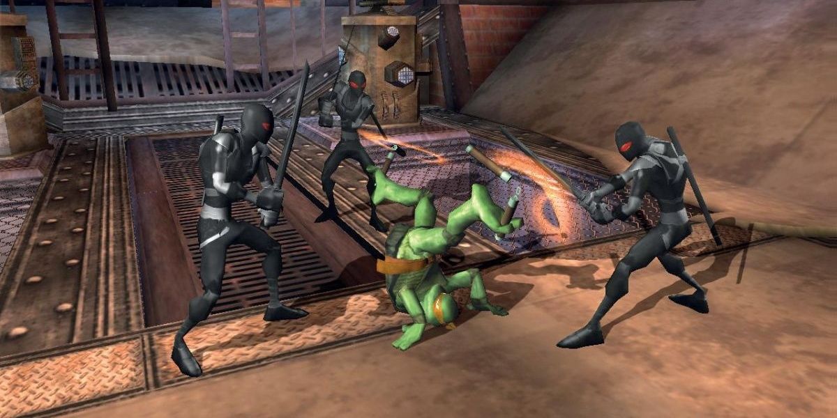 Michelangelo battles Foot Clan ninjas