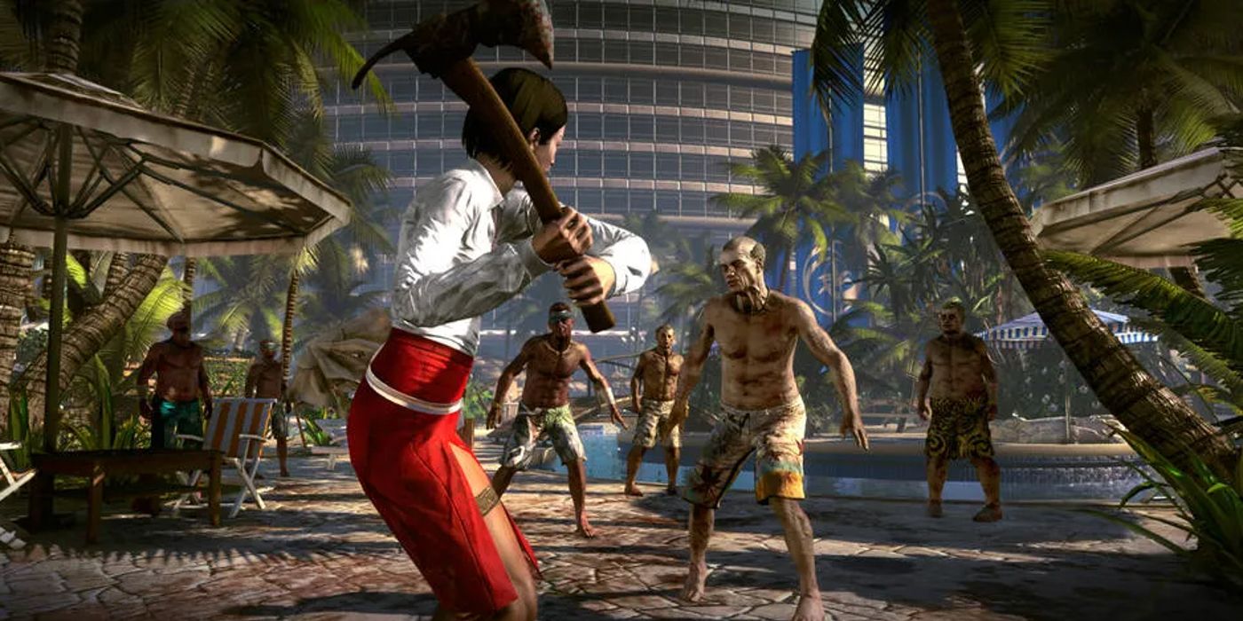 Character holding an axe with zombies coming towards them in Dead Island