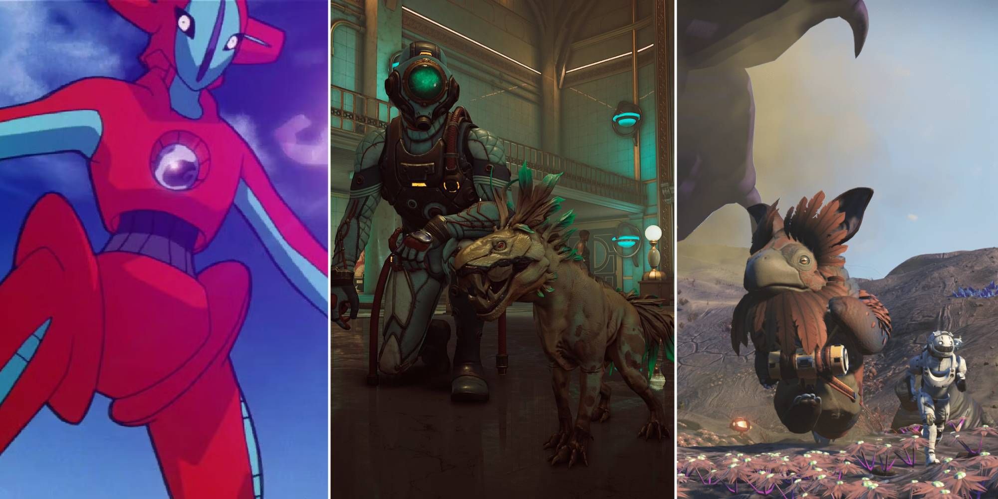 Deoxys of Pokemon, a Canid from The Outer Worlds, and a player and their alien bird in No Man's Sky.