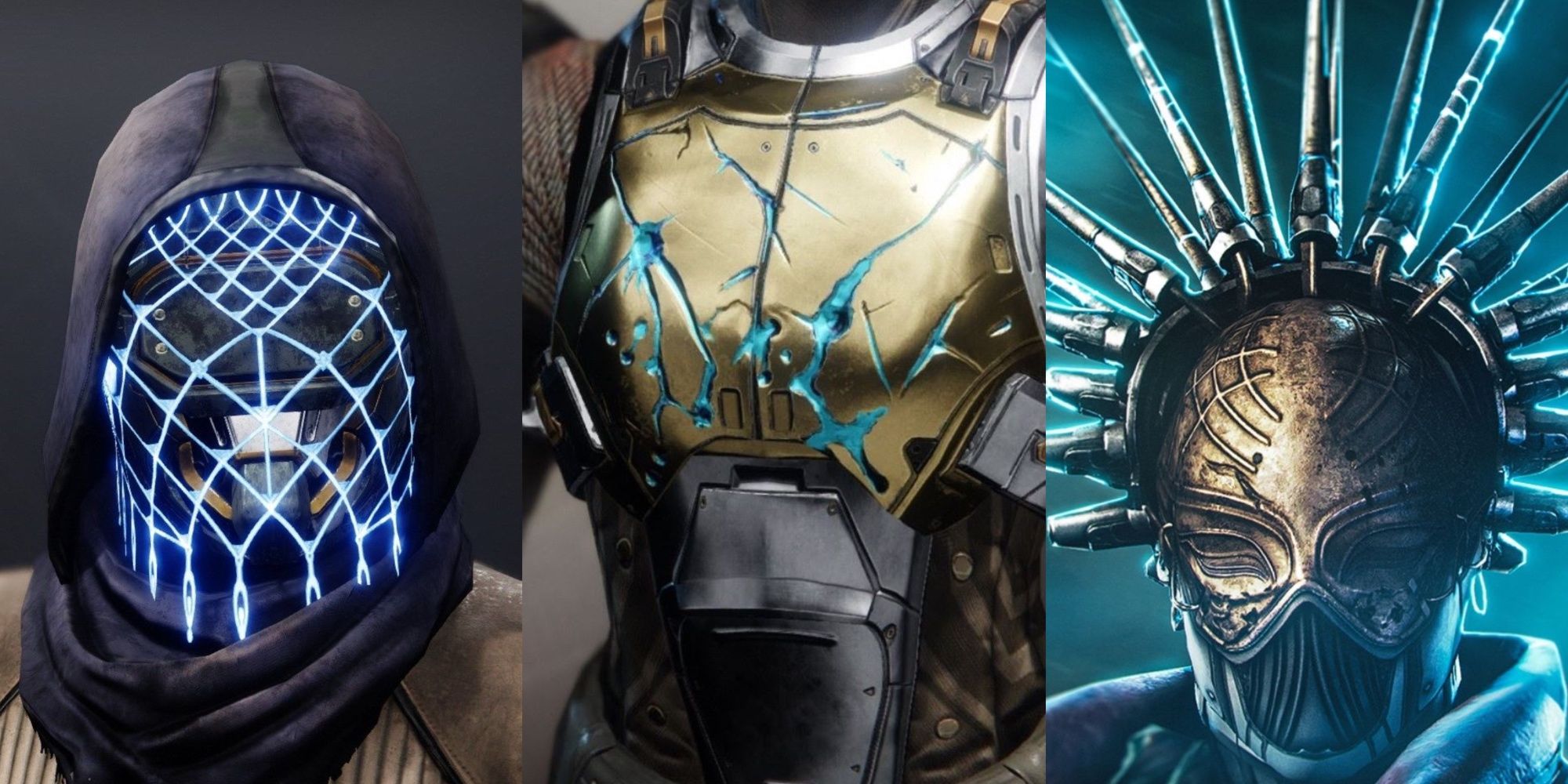 A split image of Assassin's Cowl, Heart of Inmost Light, and Fallen Sunstar exotics in Destiny 2.