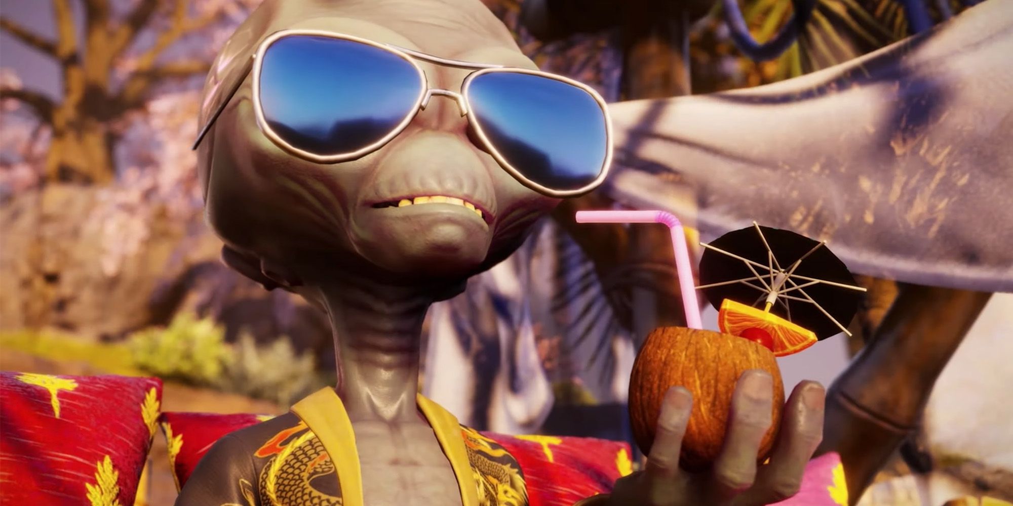 Destroy All Humans 2 - Crypto Sitting On A Beach Wearing Sunglasses And Drinking From A Coconut
