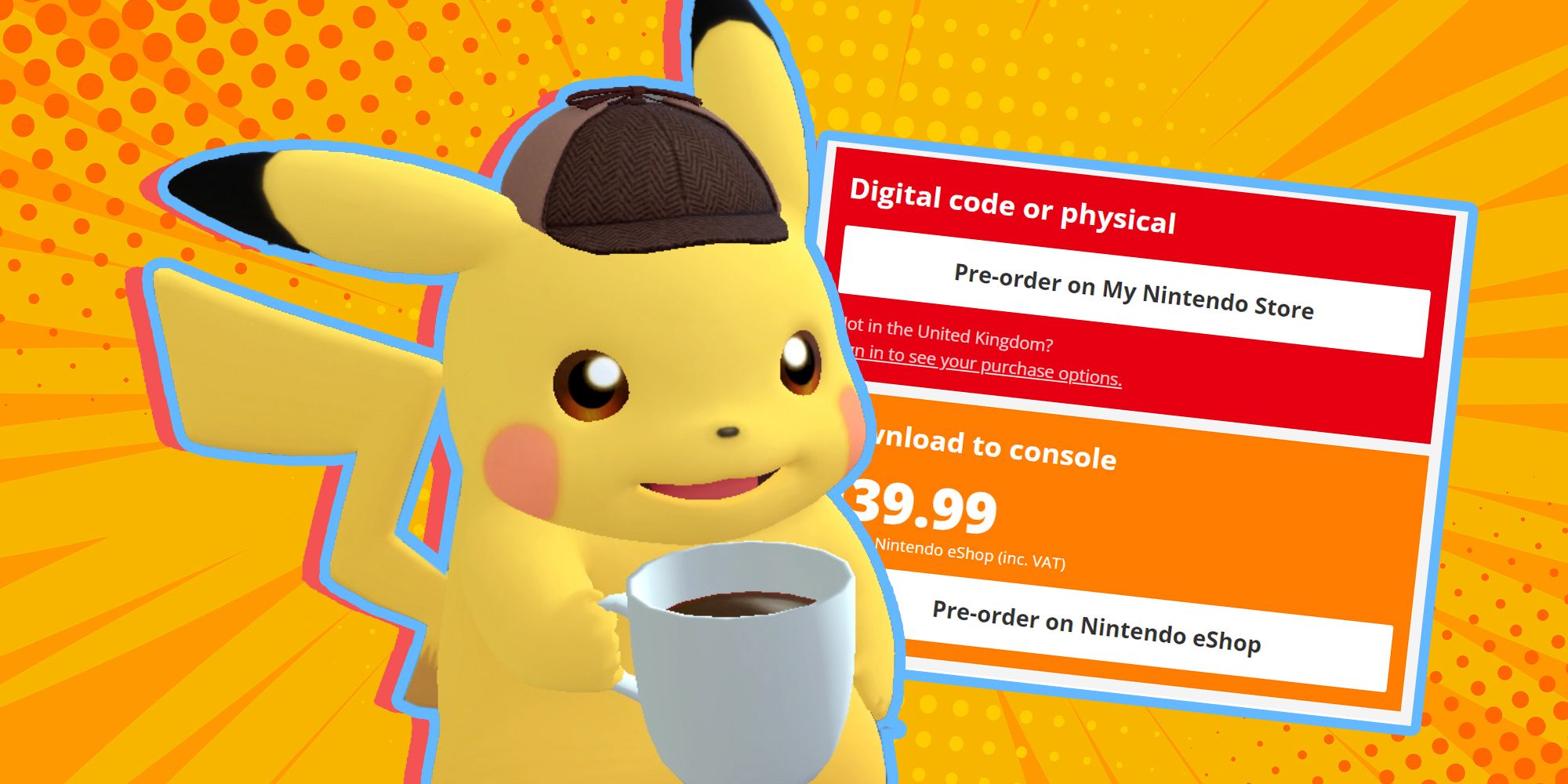 detective pikachu holding a coffee next to pre-order price tag