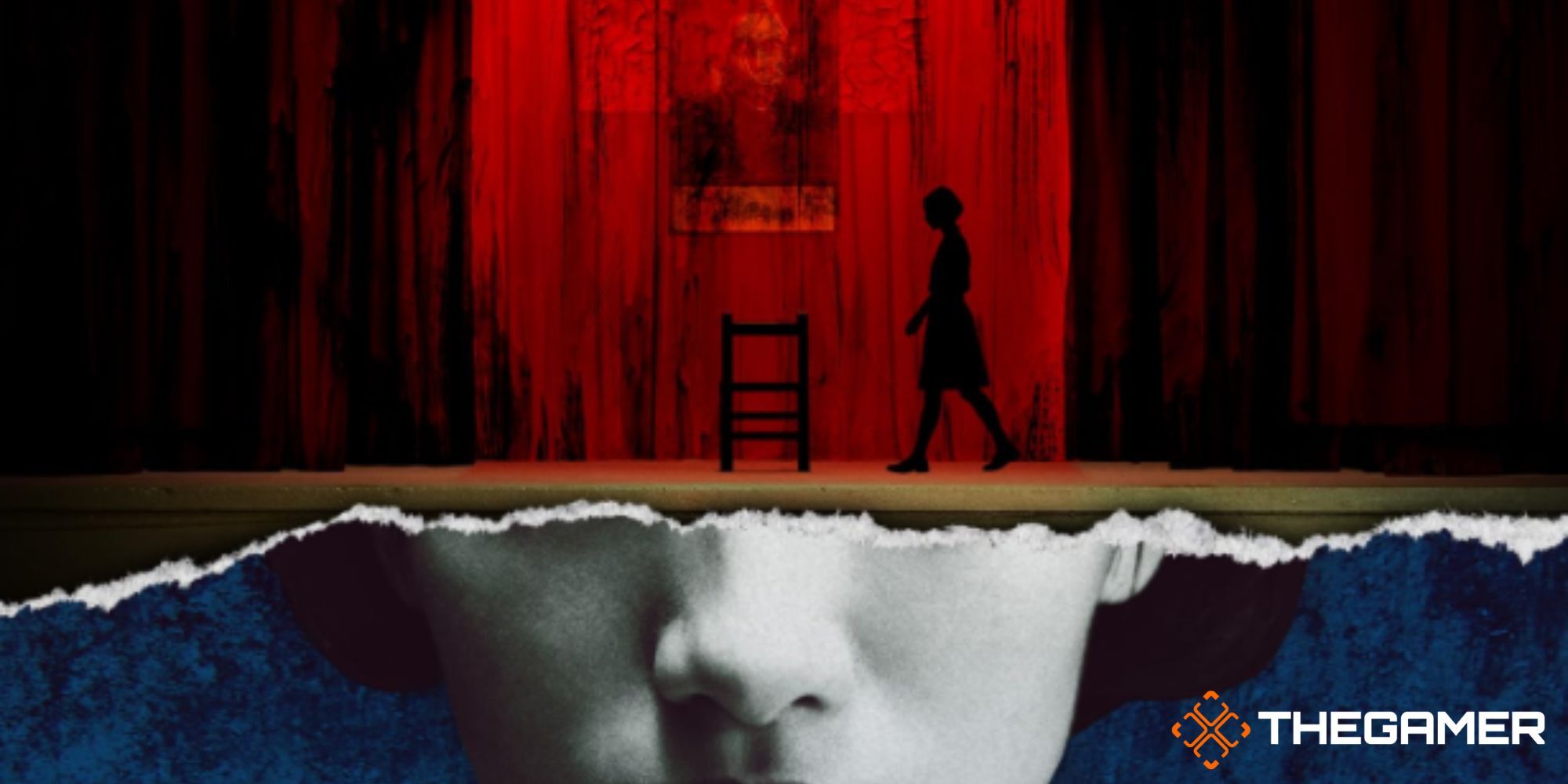 a figure walks across a stage with a blood red background in Detention 2019