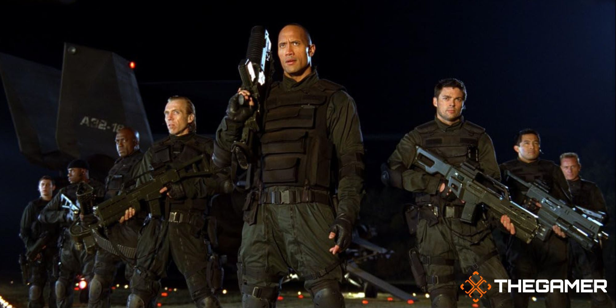 Doom 2005 cast shot including The Rock