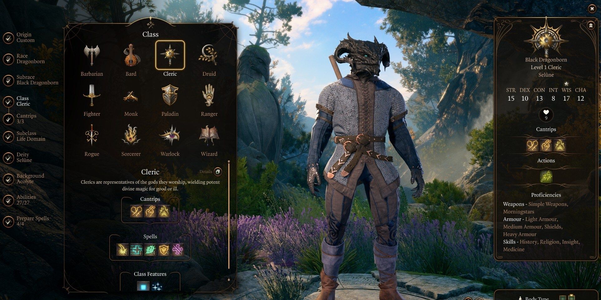 dragonborn cleric in the baldurs gate 3 character creation menu
