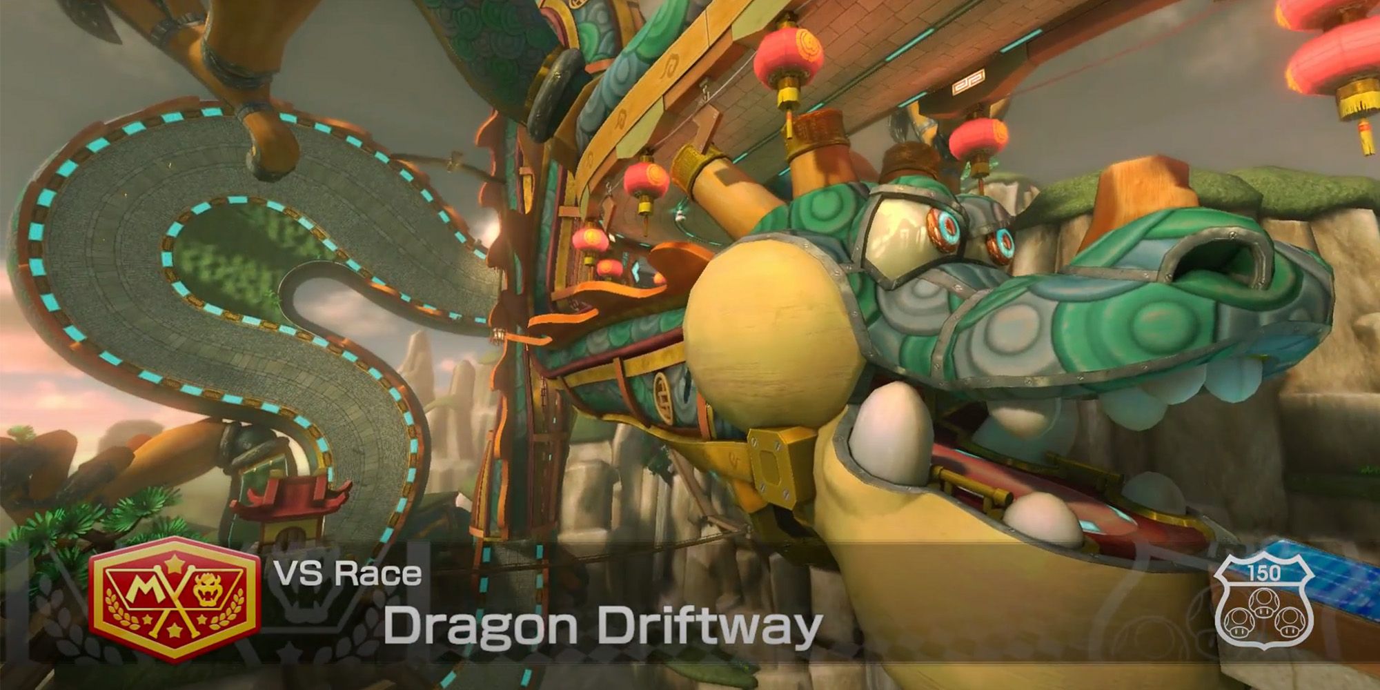 Mario Kart 8 Deluxe - Dragon Driftway - A Giant Dragon Statue And A Road Behind It