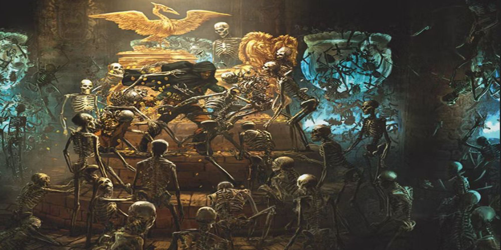 An image of a cloaked adventurer fighting off a horde of skeletons.