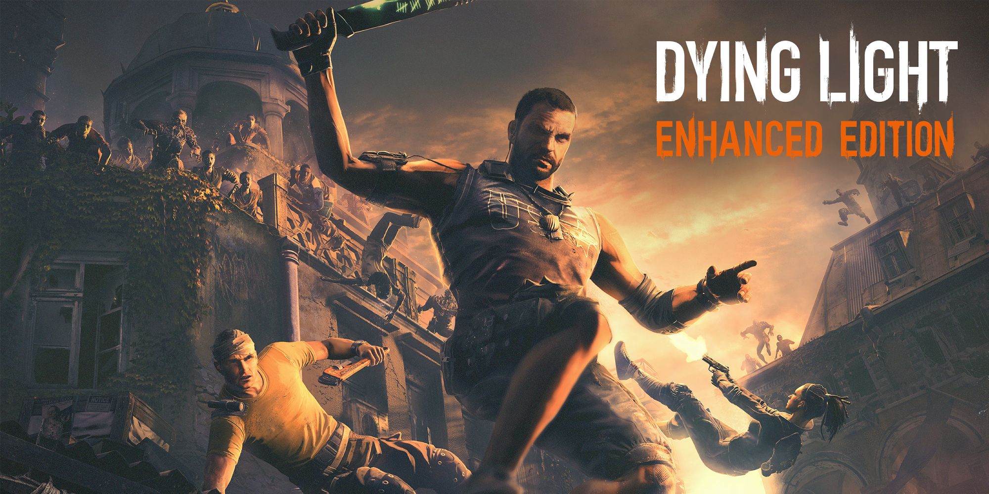 Dying Light Kyle Crane Leaps From A Building With Allies Away From Zombies