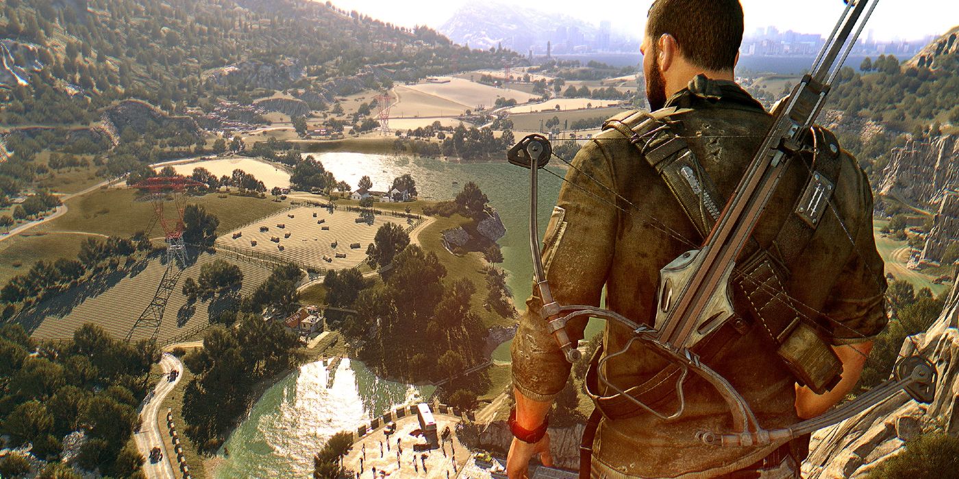 Dying Light male character overlooking a village below.