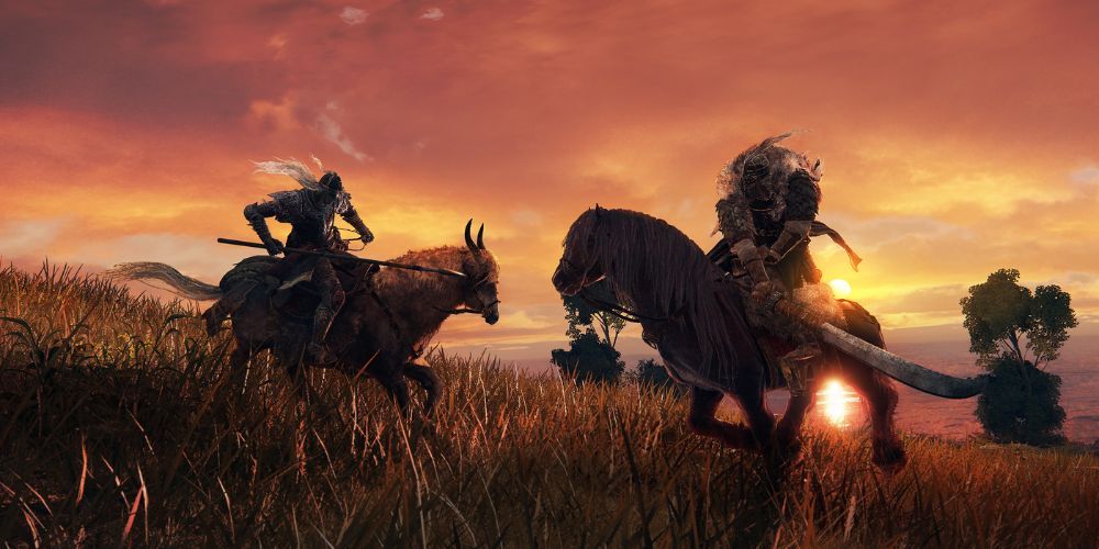 Elden Ring horseback battle in the fields at sunset