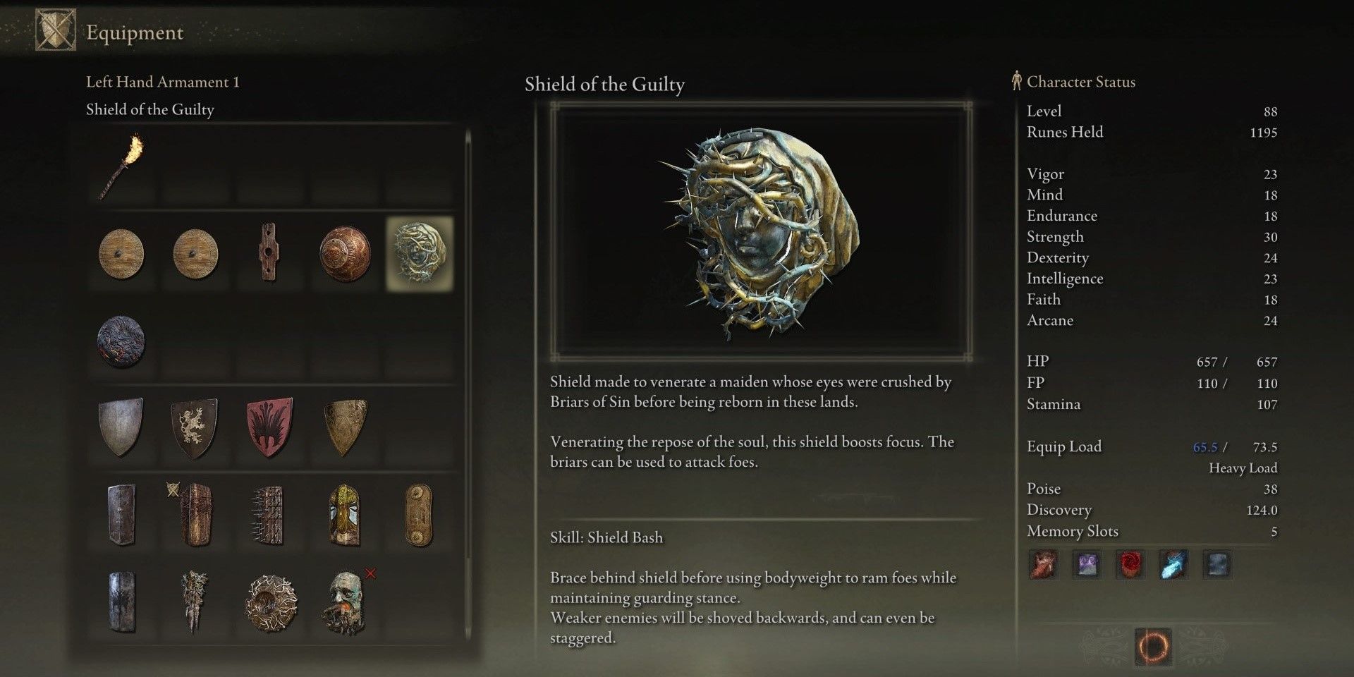 The Shield of the Guilty weapon in the menu in Elden Ring.