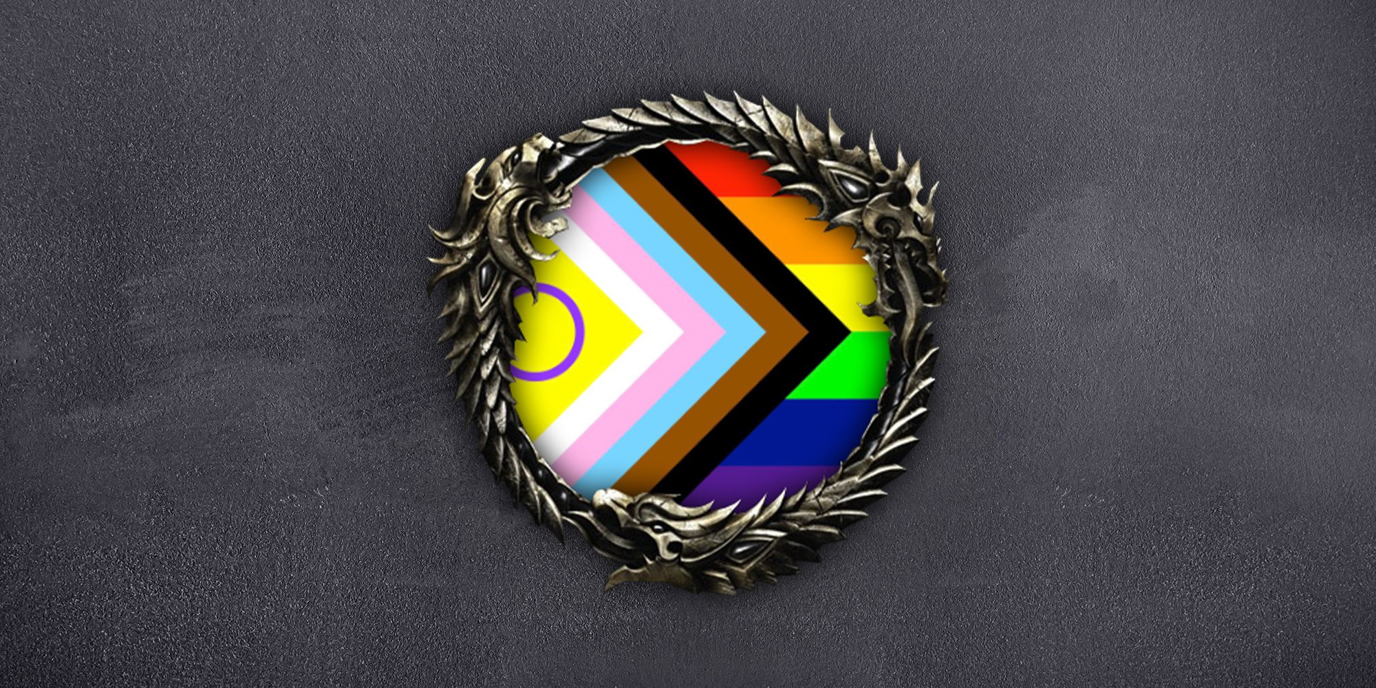The Elder Scrolls Online logo with the LGBTQ+ Pride flag in the middle over a grey background