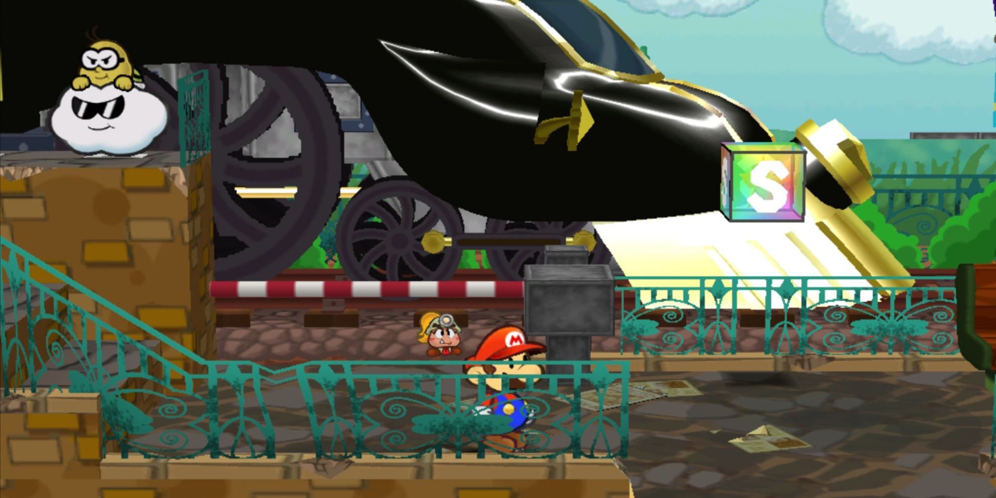 Mario, Lakitu, and Goombella Standing Near the Excess Express in Paper Mario The Thousand-Year Door