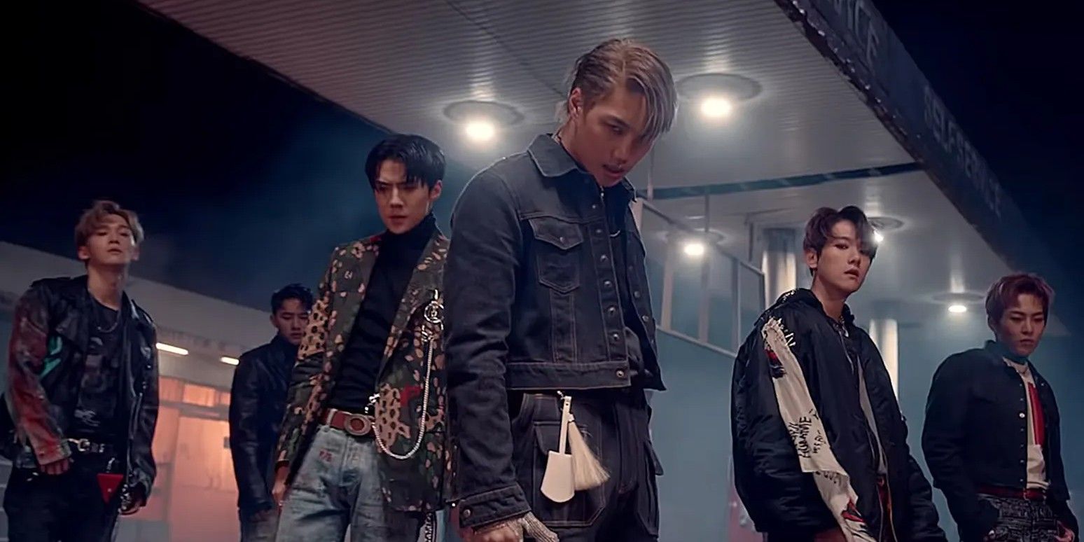 K-pop group EXO staring at the camera in their music video for Love Shot