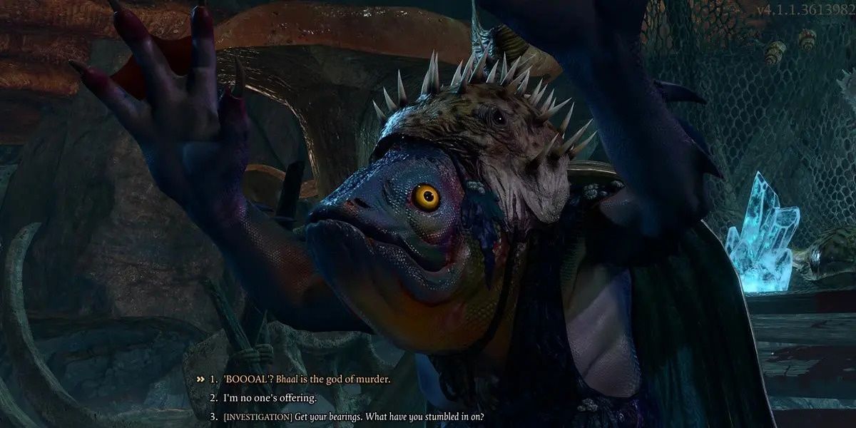 conversation cinematic with a kuto-toa in baldur&rsquo;s gate 3.
