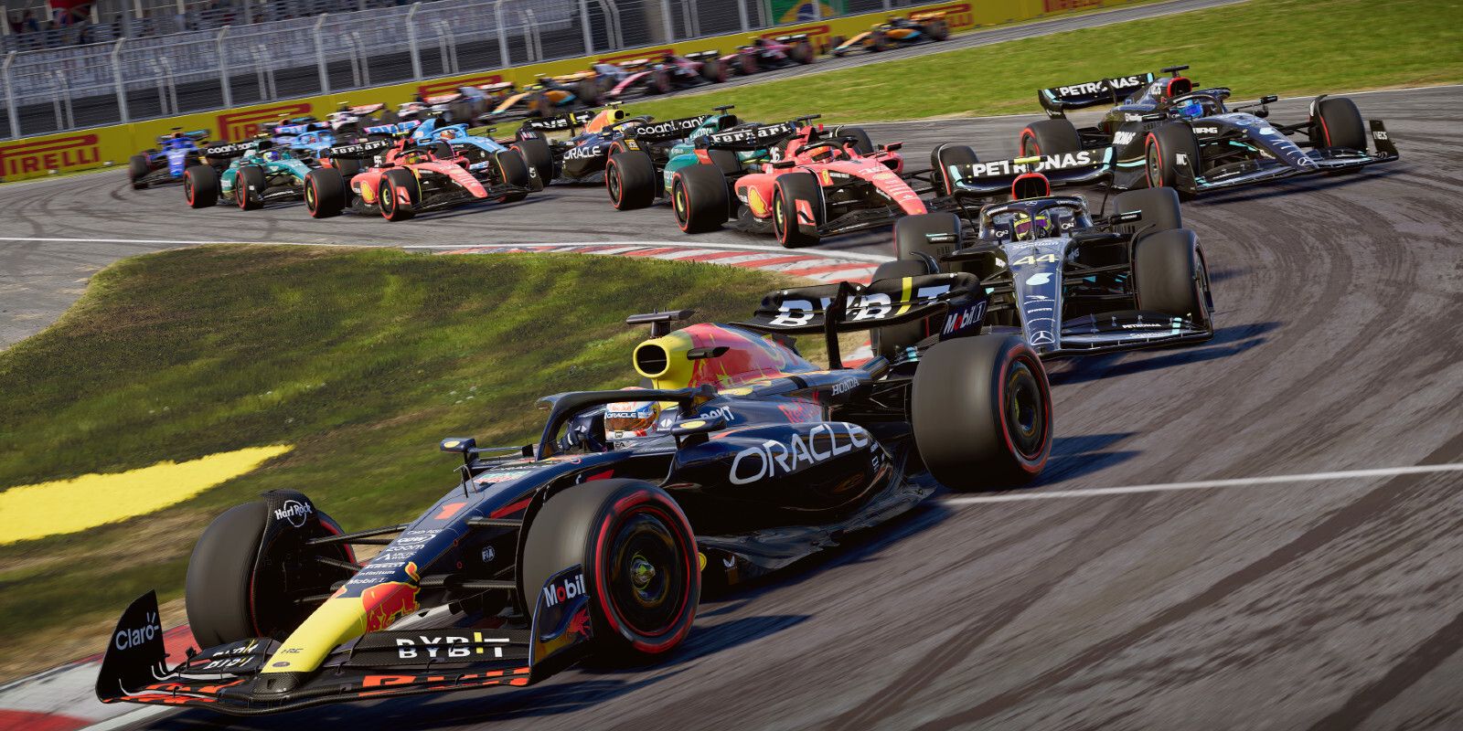 Redbull holds the racing lead as others try and overtake in F1 2023. 