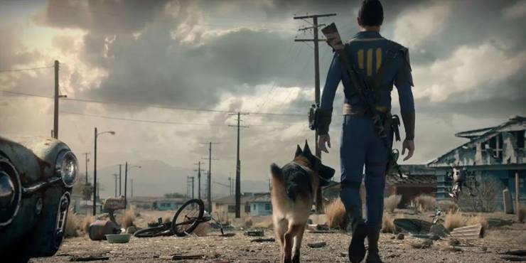Fallout 4 character and Dogmeat walking into the harsh Commonwealth