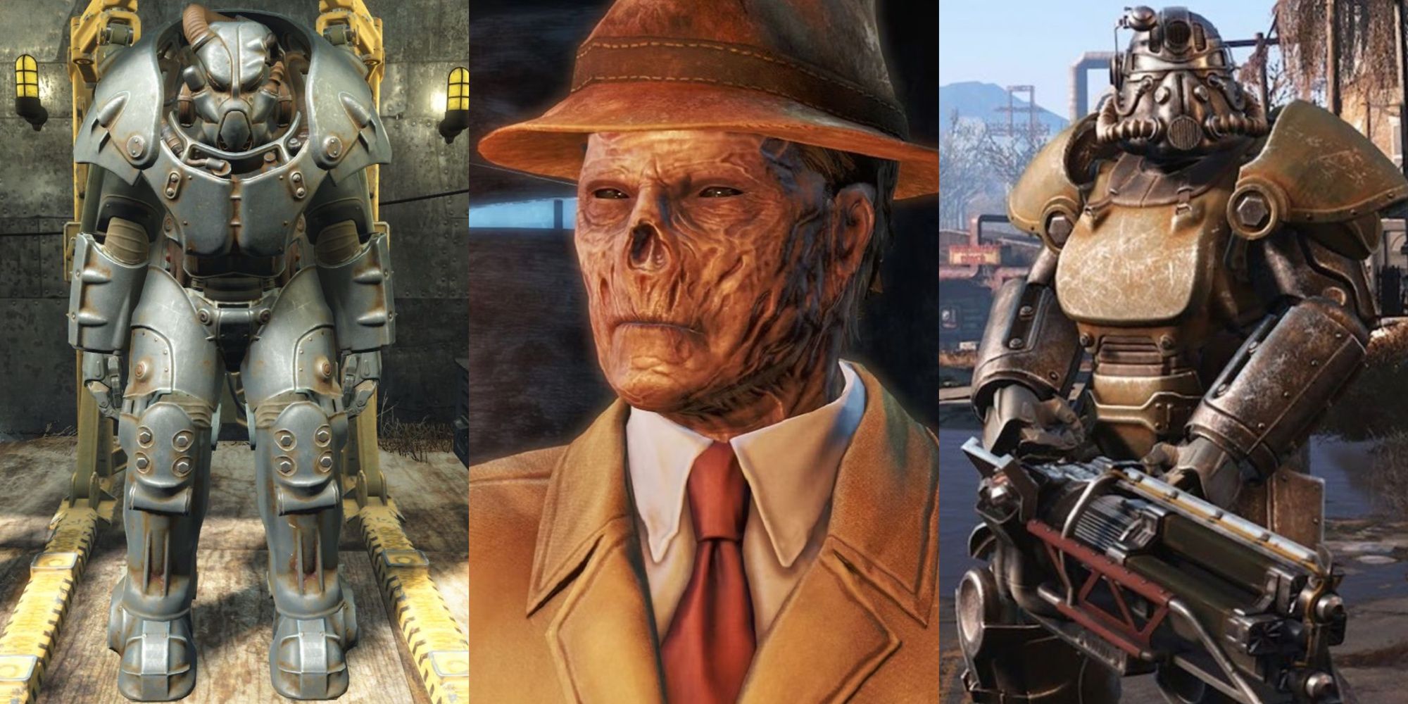 A split image of Power Armor, a Ghoul wearing a detective's outfit, and someone in Power Armor holding a Gatling Gun in Fallout 4.