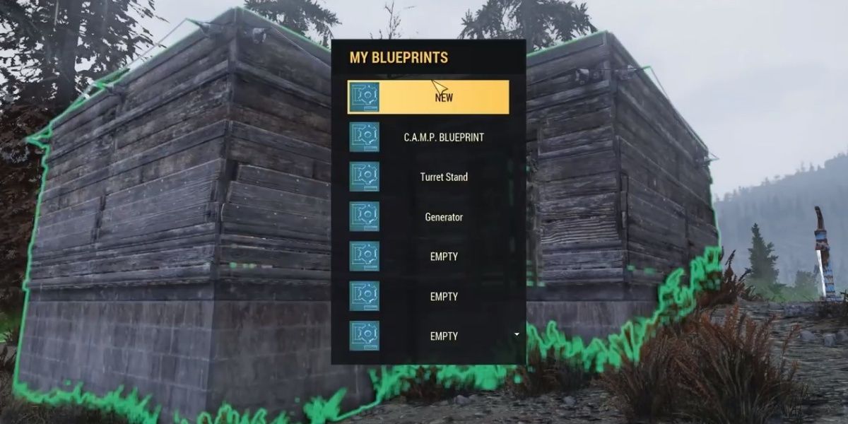 Selecting a new blueprint to save your CAMP in Fallout 76.