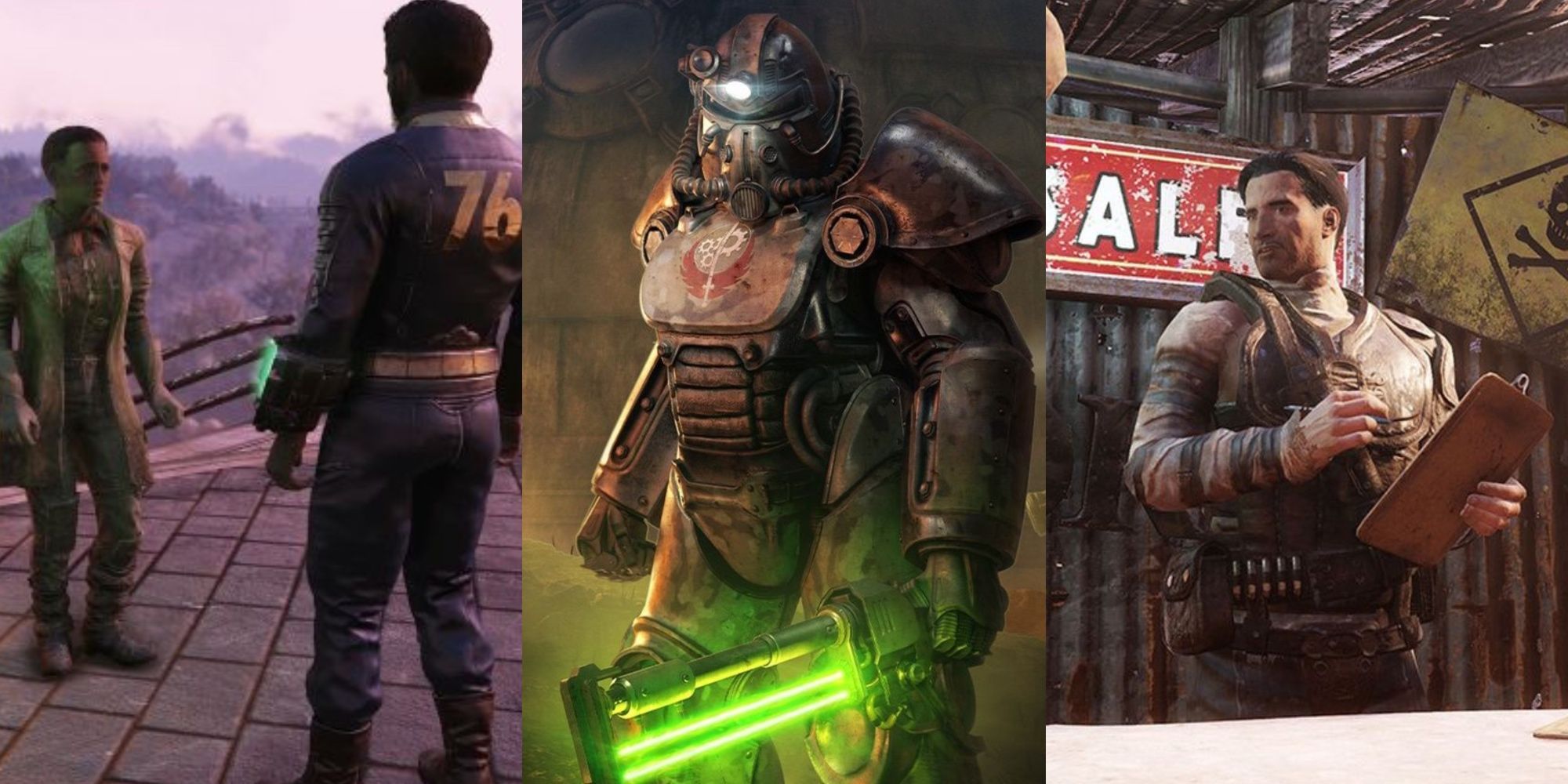 A split image of a Vault Dweller talking, a power-suited Brotherhood of Steel Member, and a merchant in Fallout 76.