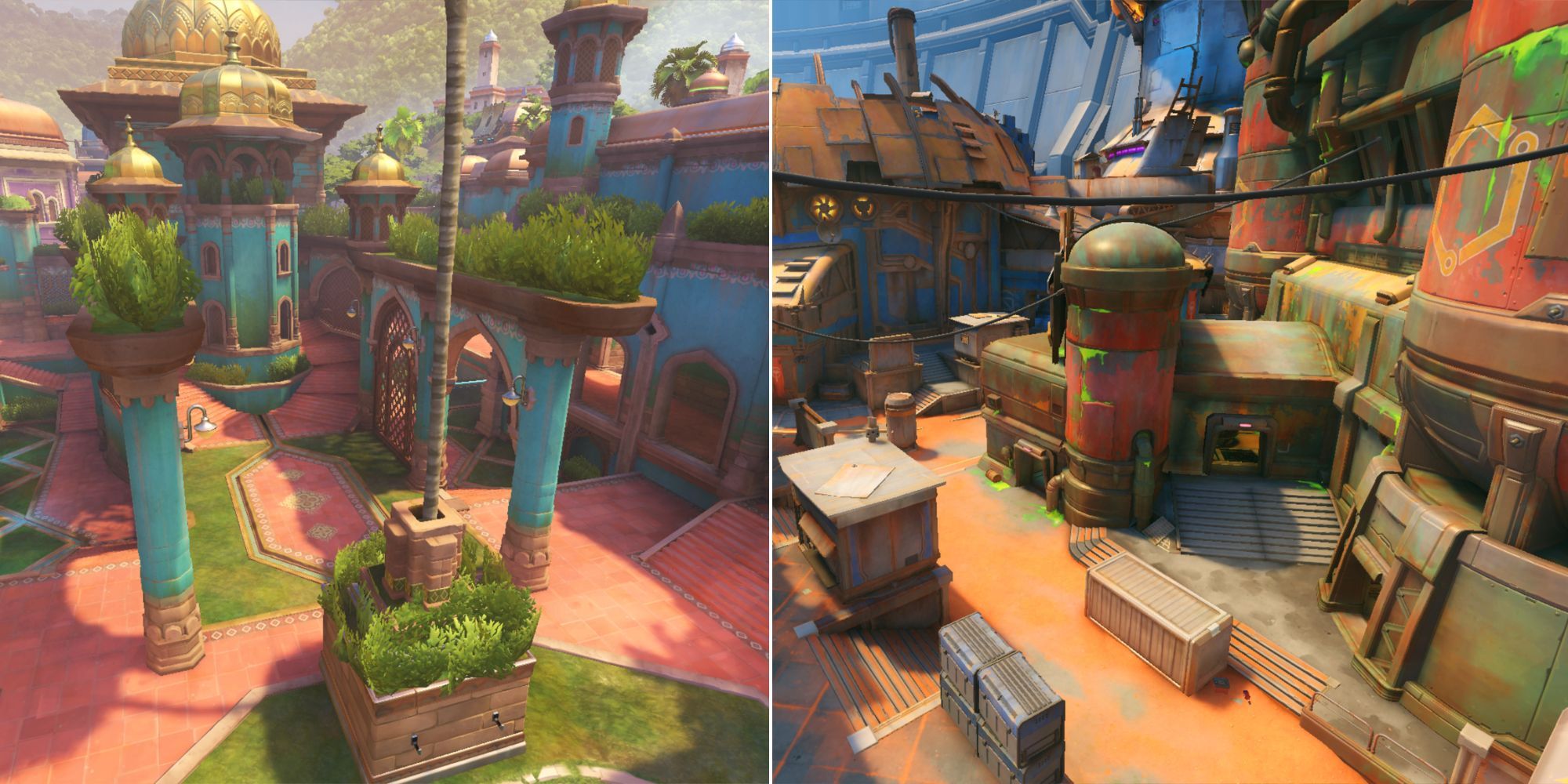 Collage image of Suravasa and New Junk City in Overwatch 2