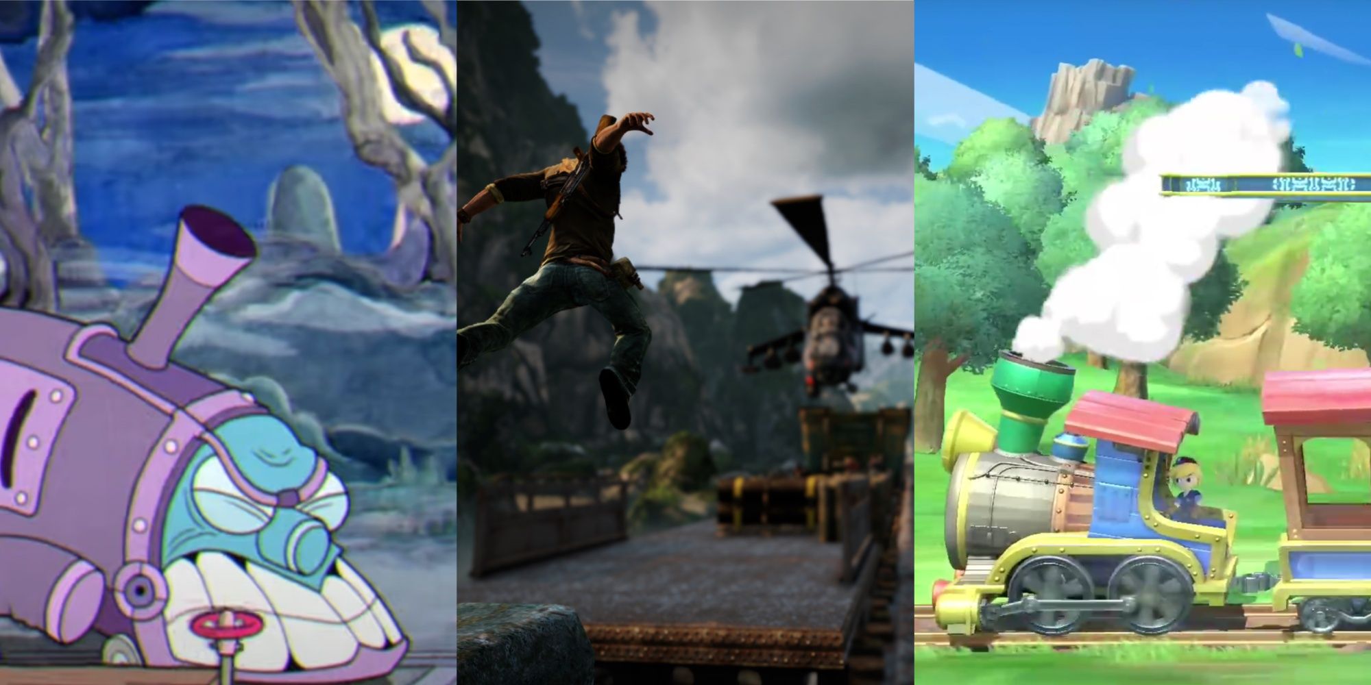 Trains from Cuphead, Uncharted 2, and Spirit Tracks (Smash Ultimate)