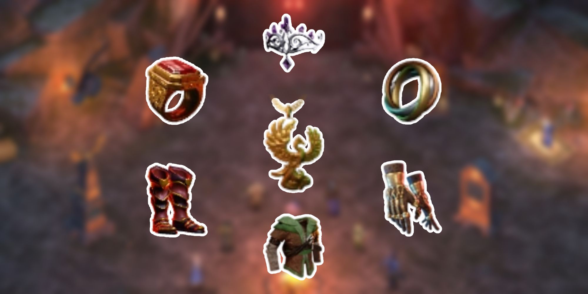 Sprites of seven different items from Halls of Torment, against a blurred background.