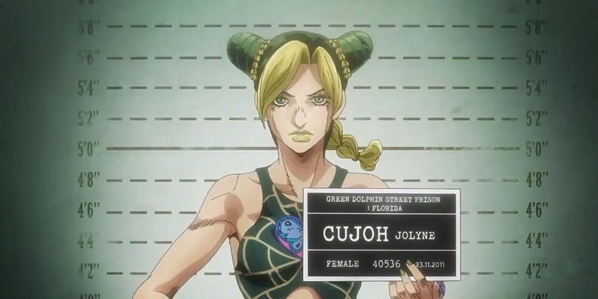 Jolyne Cujoh is shown holding her namecard. 