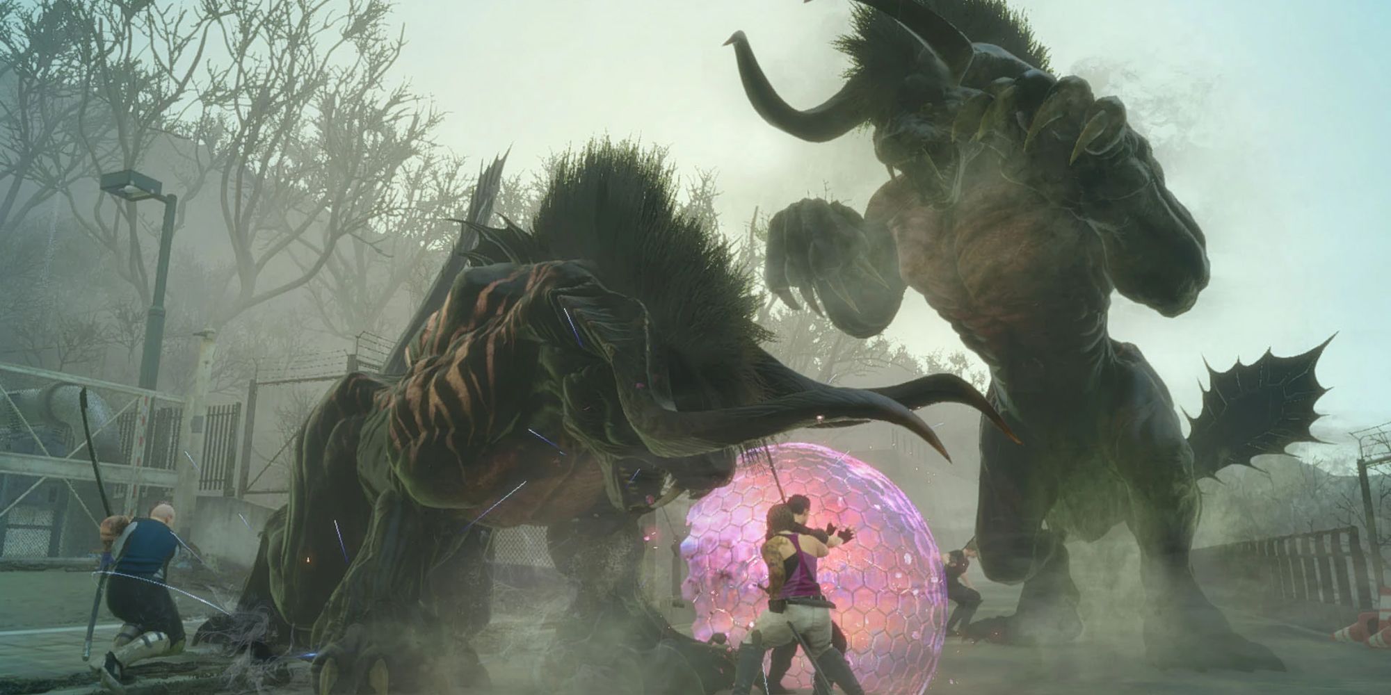 players fighting two behemoths
