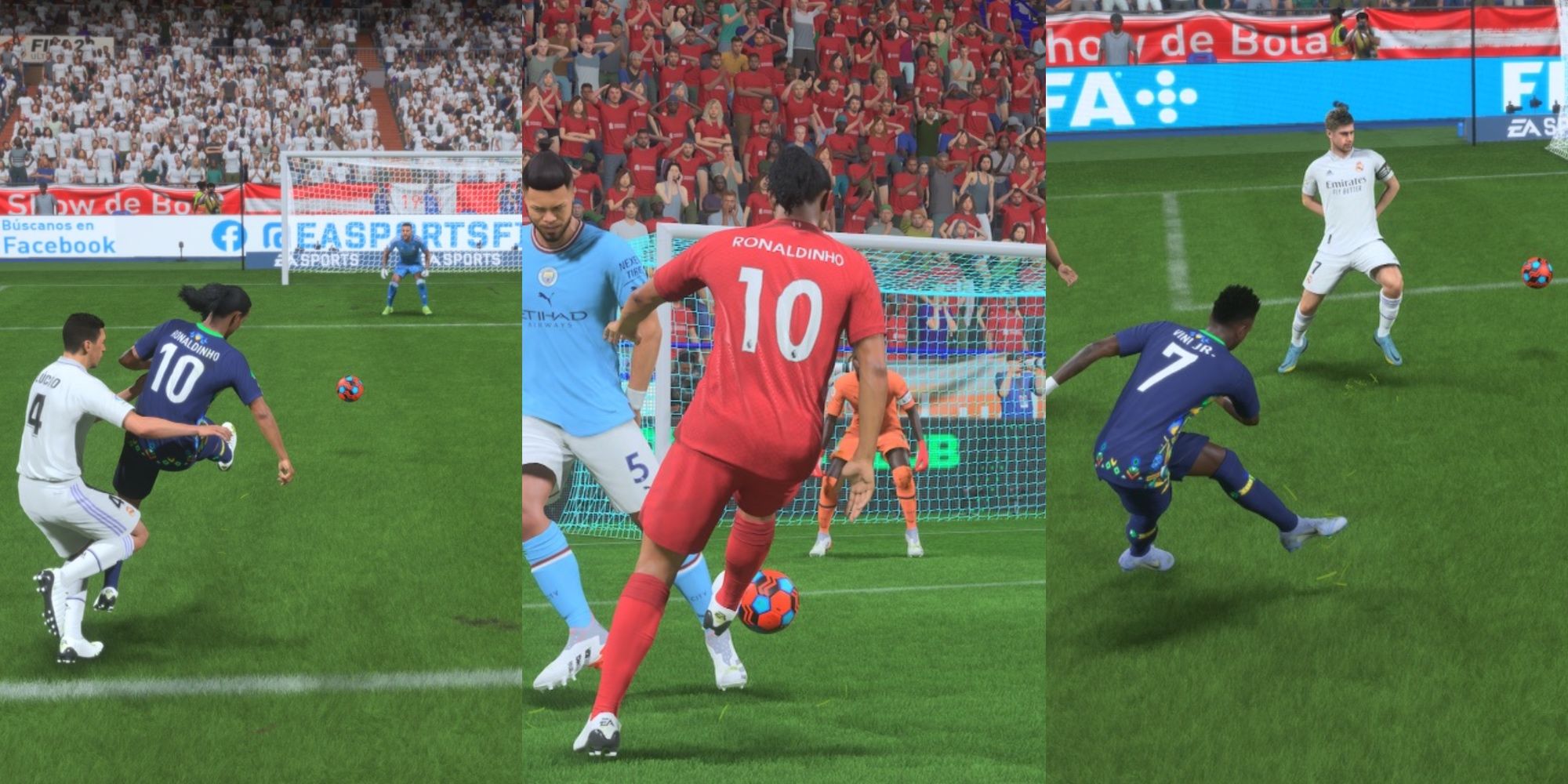 A split image of Ronaldinho with a defender on him, Ronaldinho performing a Trivela, and Vinicius taking a shot in FIFA 23.