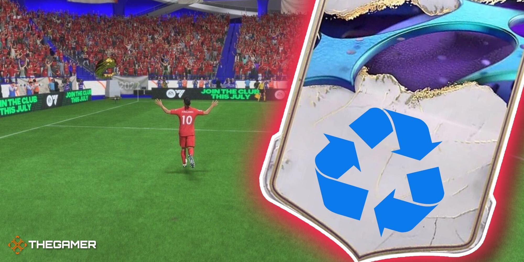 Ronaldinho celebrates a goal in FIFA 23 to the left of the Cover Star Icon template with a recycling symbol on it .