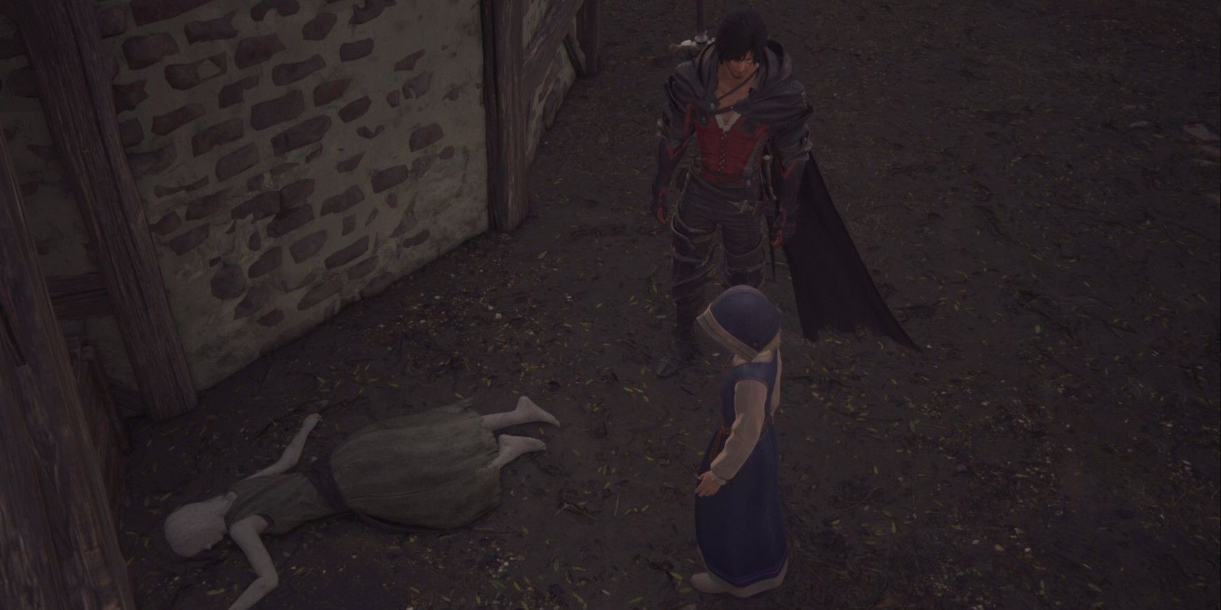 Final Fantasy 16 screenshot of Clive and a young girl standing near Chloe's corpse