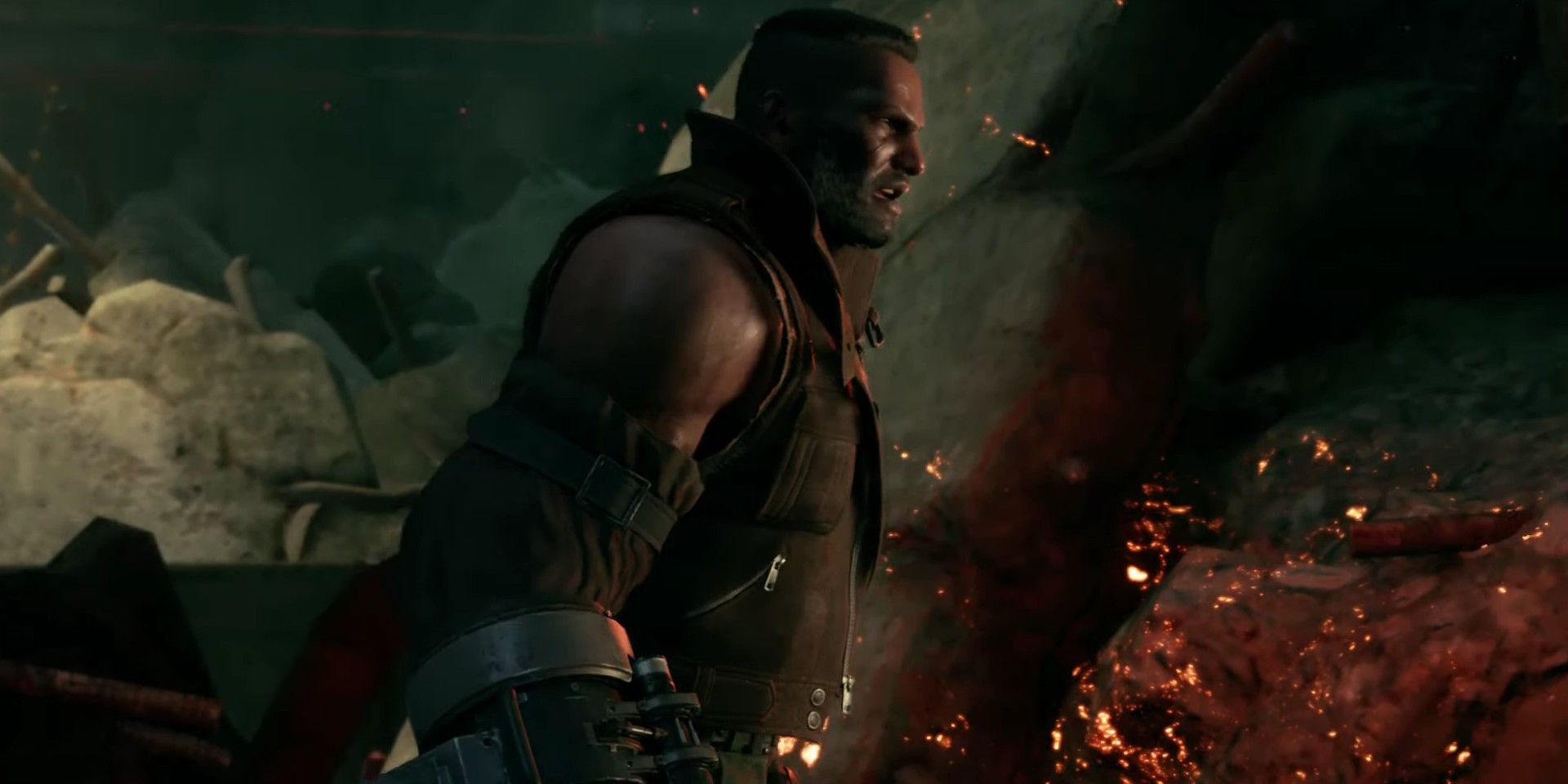 Final Fantasy 7 remake screenshot of Barret standing in Sector 7 rubble