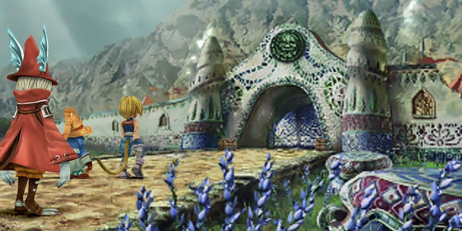 Final Fantasy 9 screenshot of Freya, Vivi and Zidane approaching Burmecia